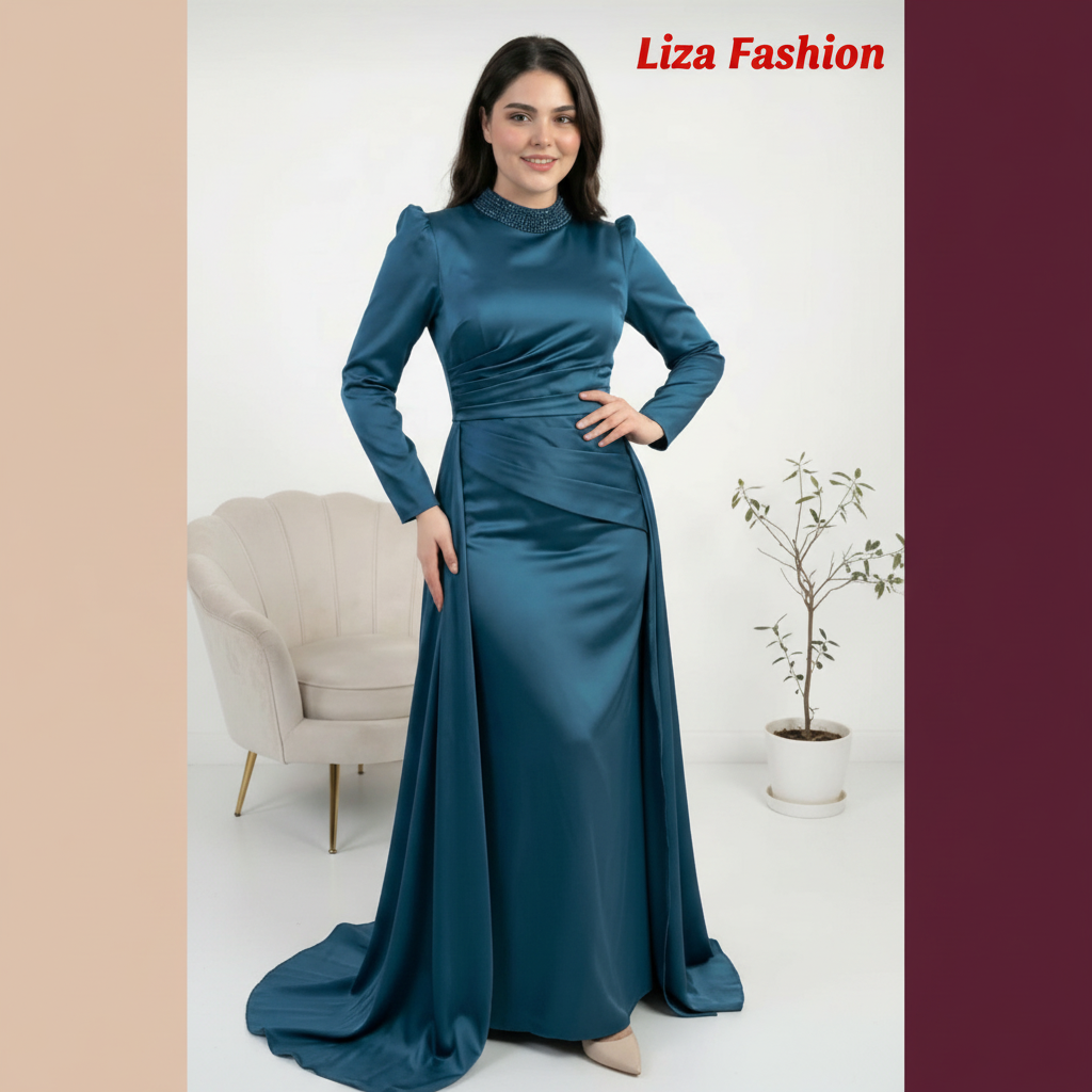 فستان ستان بترولي - Liza Fashion