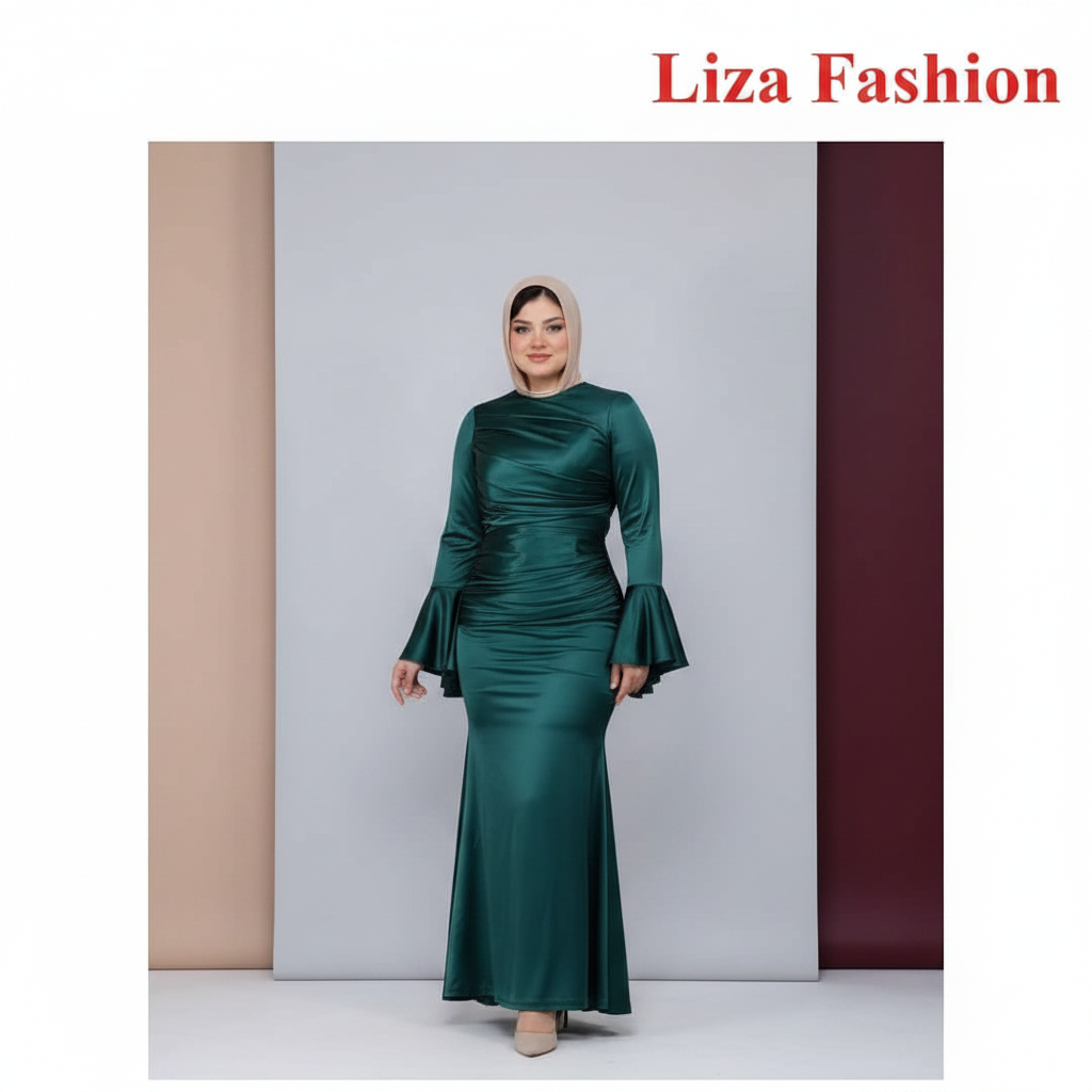 فستان ساتان أخضر زمردي - Liza Fashion